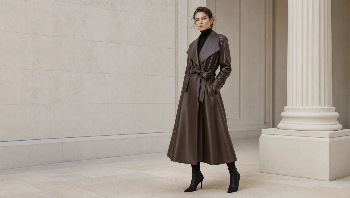 Modelo con abrigo largo de piel marrón entre columnas de piedra — editorial AUTUMN 26