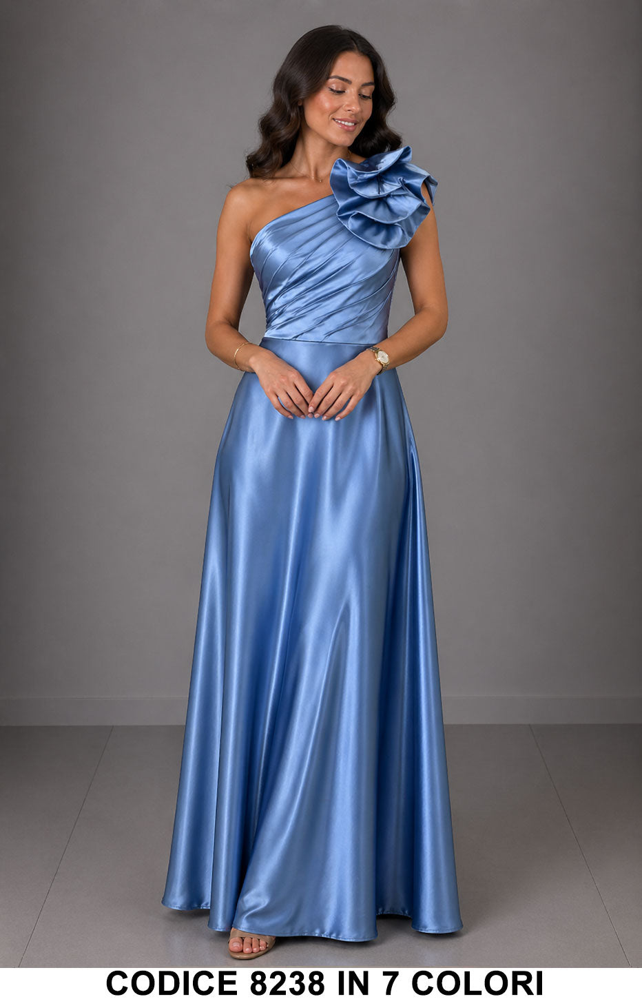 Abito Lungo Elegante Monospalla con Fiore da Cerimonia Vestito rasato per Evento in 7 Colori – 8238