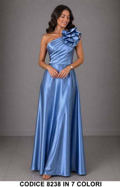 Abito Lungo Elegante Monospalla con Fiore da Cerimonia Vestito rasato per Evento in 7 Colori – 8238