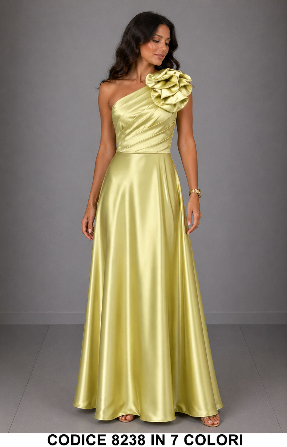 Abito Lungo Elegante Monospalla con Fiore da Cerimonia Vestito rasato per Evento in 7 Colori – 8238