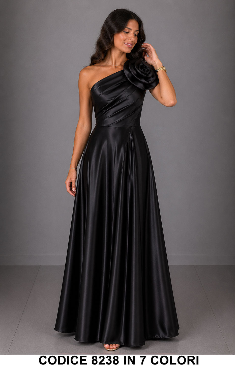 Abito Lungo Elegante Monospalla con Fiore da Cerimonia Vestito rasato per Evento in 7 Colori – 8238