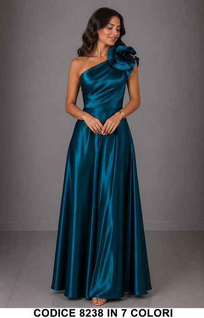 Abito Lungo Elegante Monospalla con Fiore da Cerimonia Vestito rasato per Evento in 7 Colori – 8238