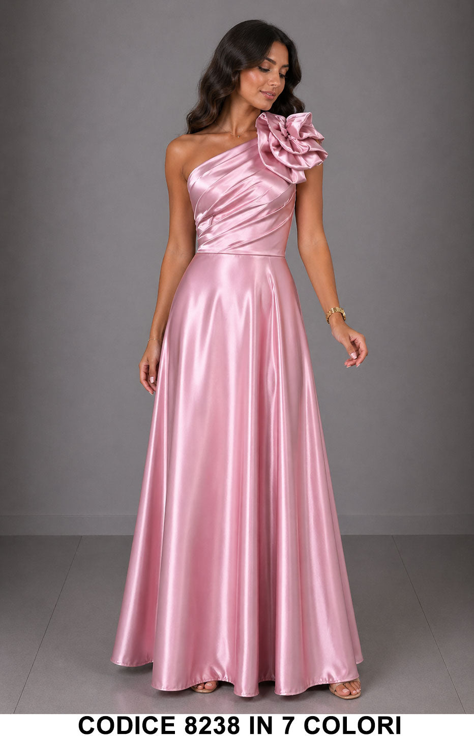 Abito Lungo Elegante Monospalla con Fiore da Cerimonia Vestito rasato per Evento in 7 Colori – 8238